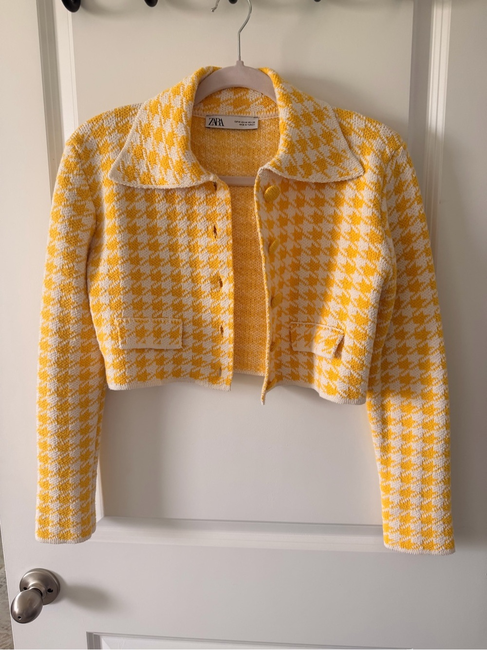 Zara Yellow & White Houndstooth Cropped Blazer